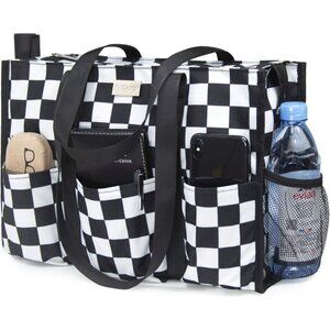 Large Polyester Tote Bag with 13 Pockets & Zipper Closure - Checkerboard Design